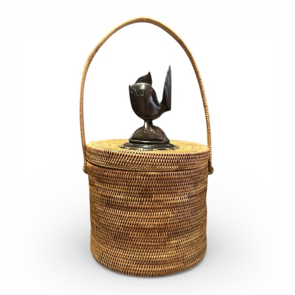 Handbags - Indonesian Lombok Woven Reed Grass Basket- Lidded Box Wood Carved Bird